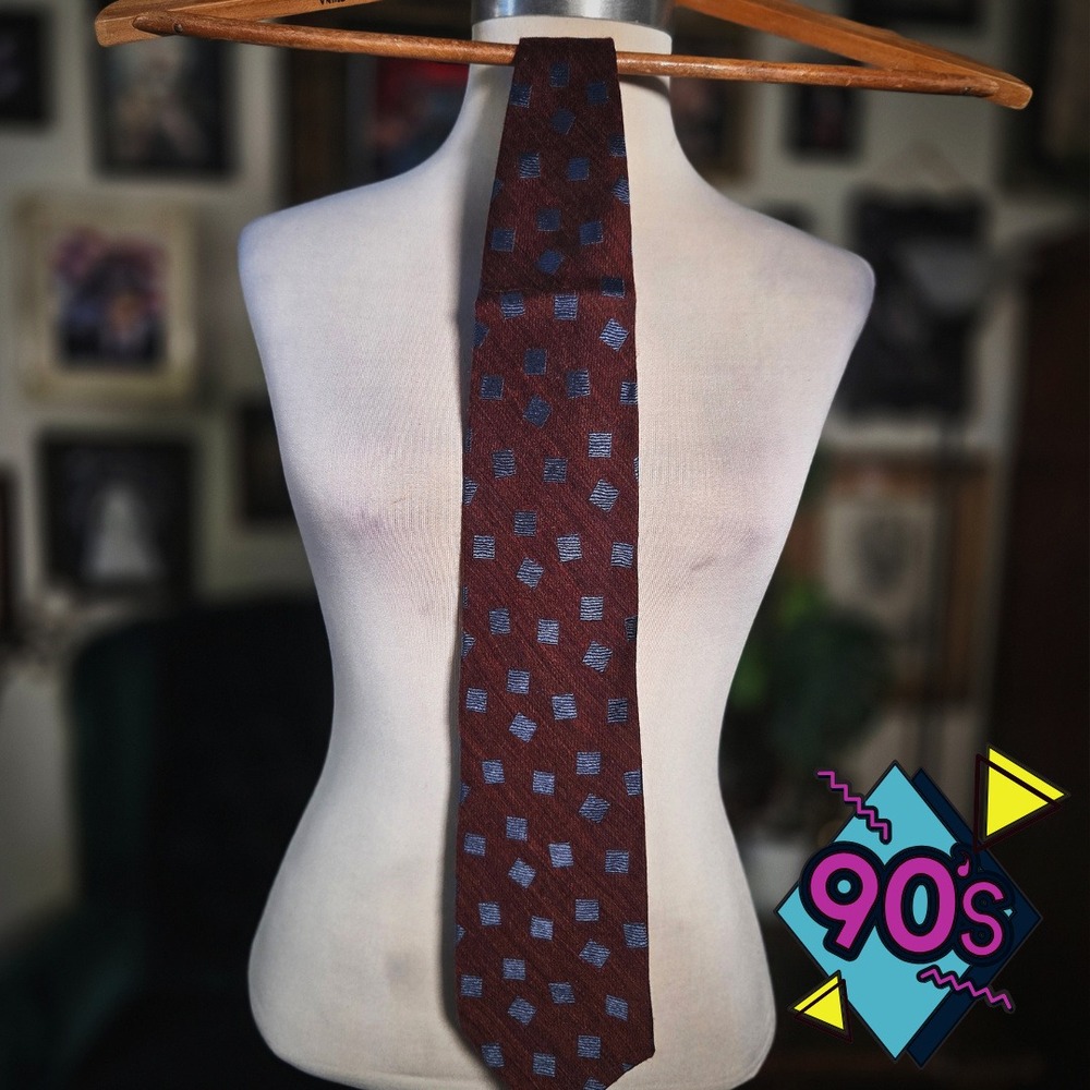 Structure Silk Wool Tie Vintage 90s Burgundy‎ Red Geometric Square Pattern USA